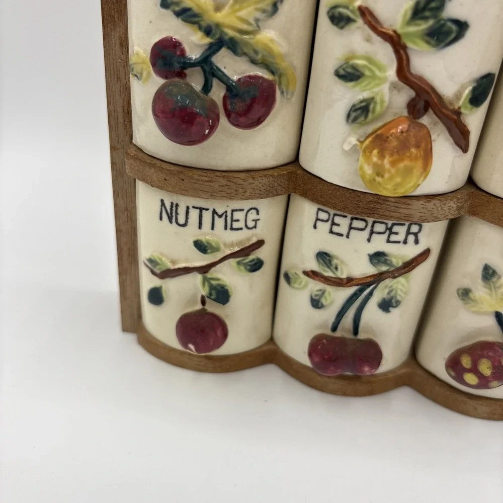 Vintage GNCO Japan Spice Rack Ceramic Shakers Set Indian Village Mich Souvenir